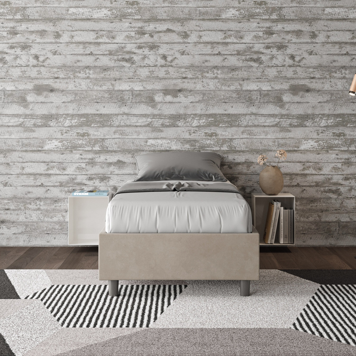 Letto singolo 90x190cm imbottito tessuto beige con rete Azelia Promozione Letto singolo 90x190cm imbottito tessuto beige con rete Azelia Promozione