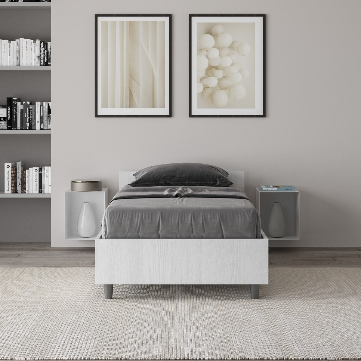 Letto singolo con vano contenitore 80x190 in legno bianco Nuamo Promozione Letto singolo con vano contenitore 80x190 in legno bianco Nuamo Promozione