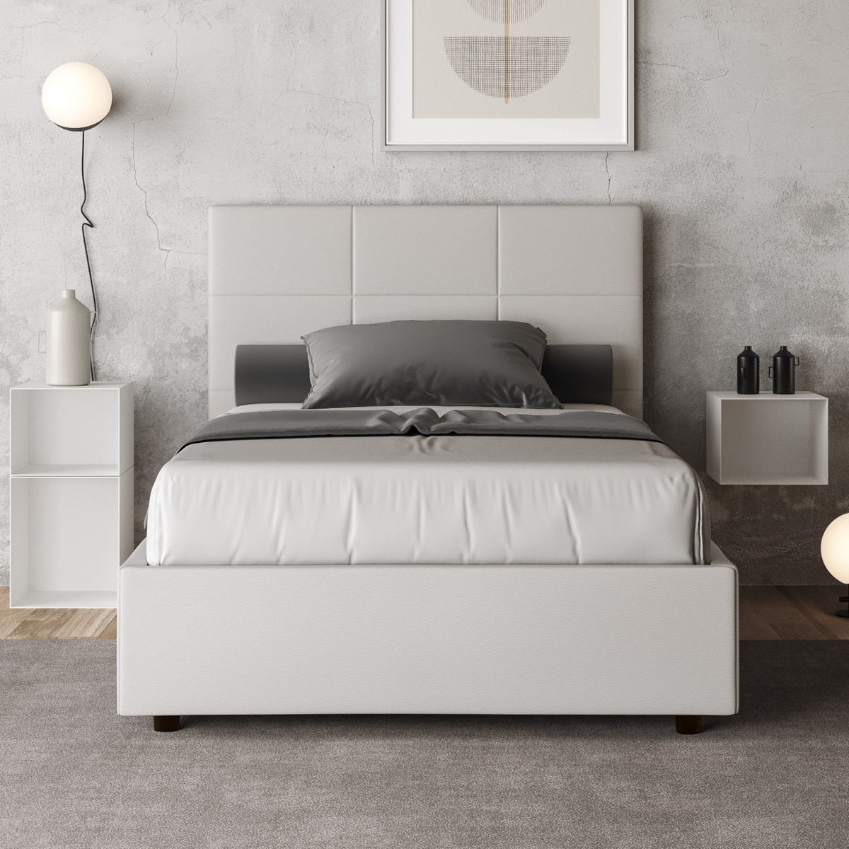 Lit double 140x190 similicuir blanc avec coffre tête de lit Mika Promotion Lit double 140x190 similicuir blanc avec coffre tête de lit Mika Promotion