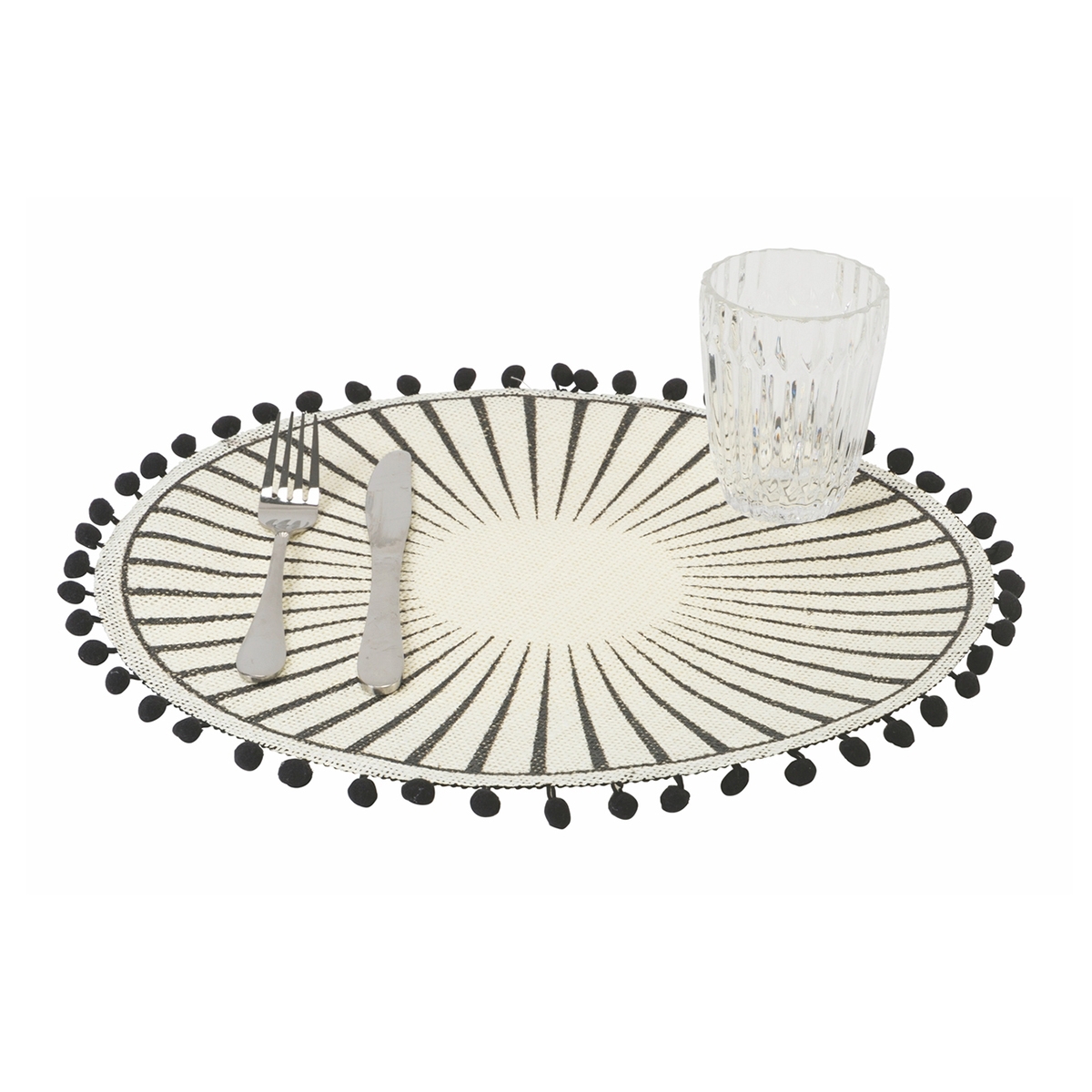 Set 6 tovagliette tonde da tavola con ponpon design geometrico 38cm Black Promozione Set 6 tovagliette tonde da tavola con ponpon design geometrico 38cm Black Promozione