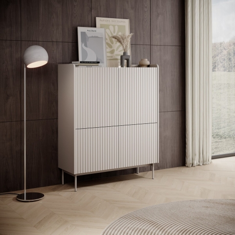 Mobile alto 4 ante scanalate credenza madia soggiorno beige Bitter Promozione