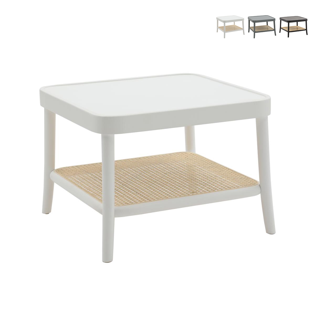 Quadratischer Couchtisch aus lackiertem Holz mit Wiener Geflecht Ablage Thomas Aktion Quadratischer Couchtisch aus lackiertem Holz mit Wiener Geflecht Ablage Thomas Aktion