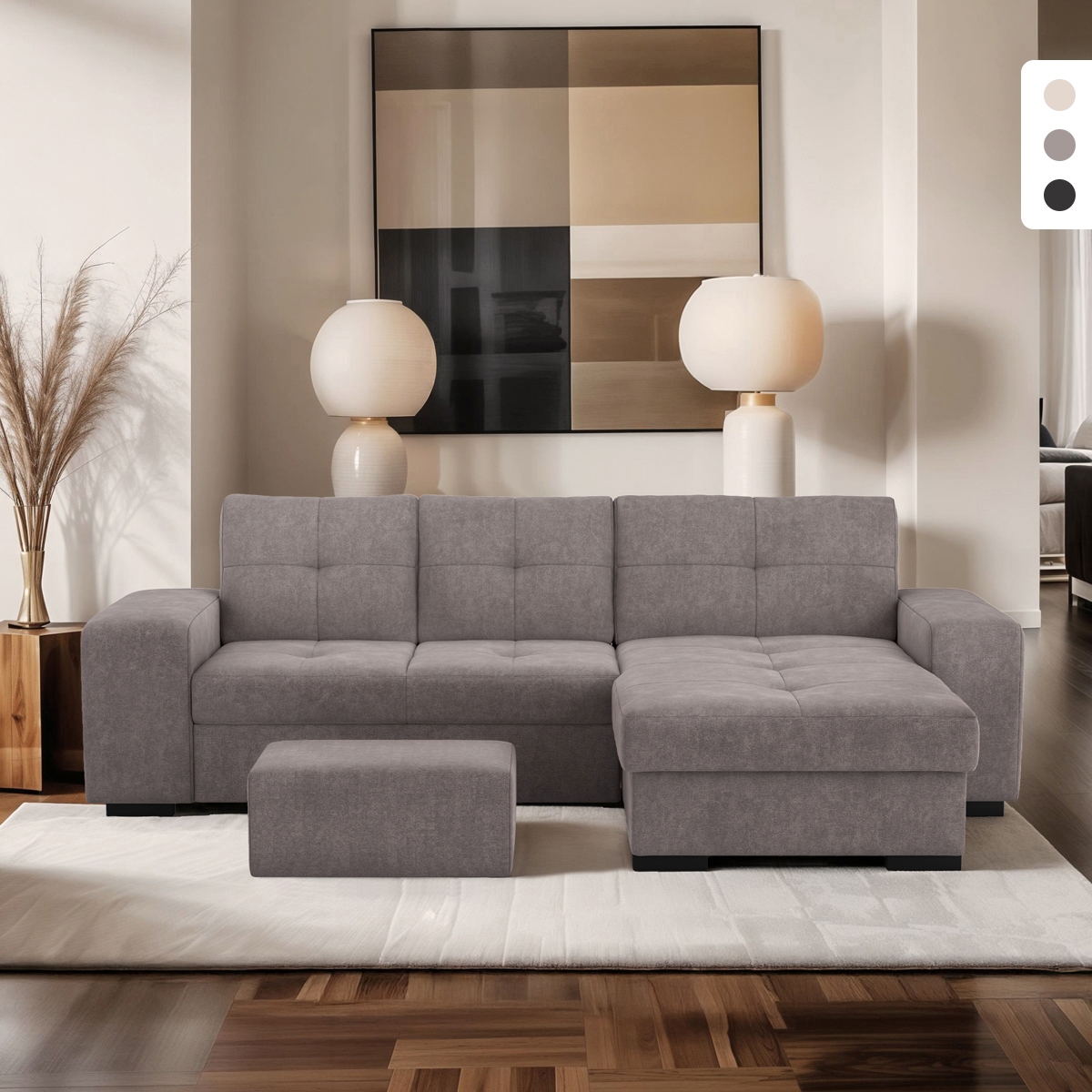 Canapé-lit 3 places avec méridienne droite, coffre de rangement et pouf Kava Promotion Canapé-lit 3 places avec méridienne droite, coffre de rangement et pouf Kava Promotion