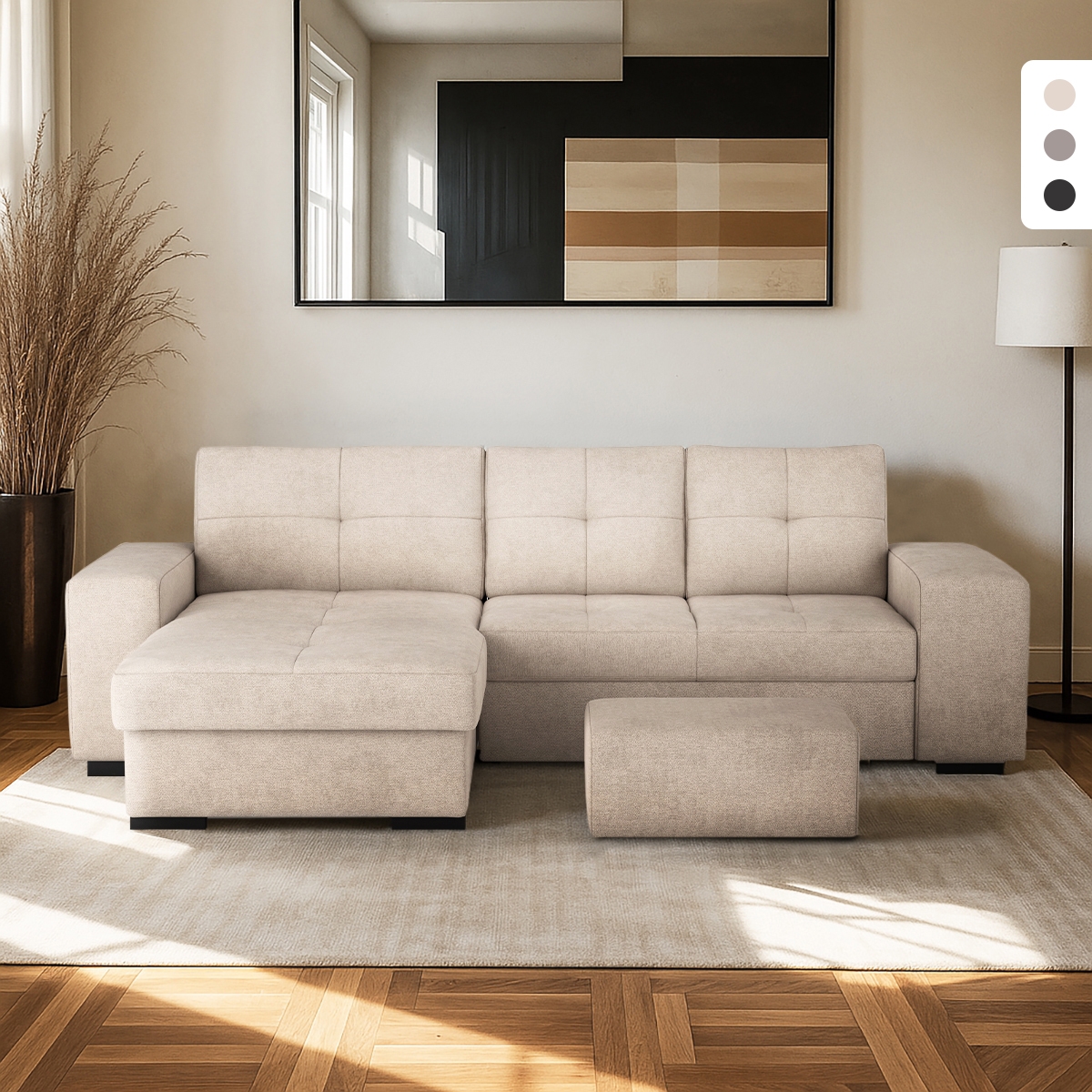 Canapé-lit 3 places avec méridienne gauche à rangement et pouf Saro Promotion Canapé-lit 3 places avec méridienne gauche à rangement et pouf Saro Promotion