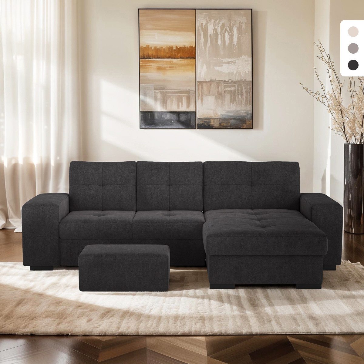 Canapé d'angle moderne 3 places avec méridienne droite et pouf Vilo Promotion Canapé d'angle moderne 3 places avec méridienne droite et pouf Vilo Promotion