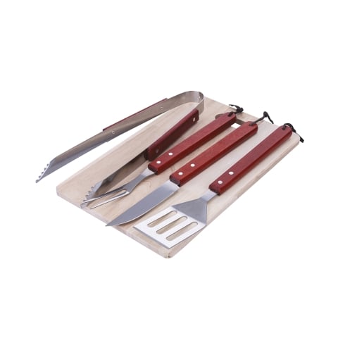 Set mit 4 Grillwerkzeugen aus Edelstahl und Holzschneidebrett Pyros Aktion