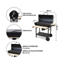 Barbecue au charbon avec couvercle, roues, 2 tablettes en bois Matambre 