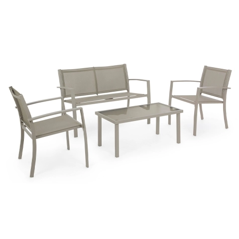 Salon de jardin canapé 2 chaises en textilène taupe et table Peder Promotion