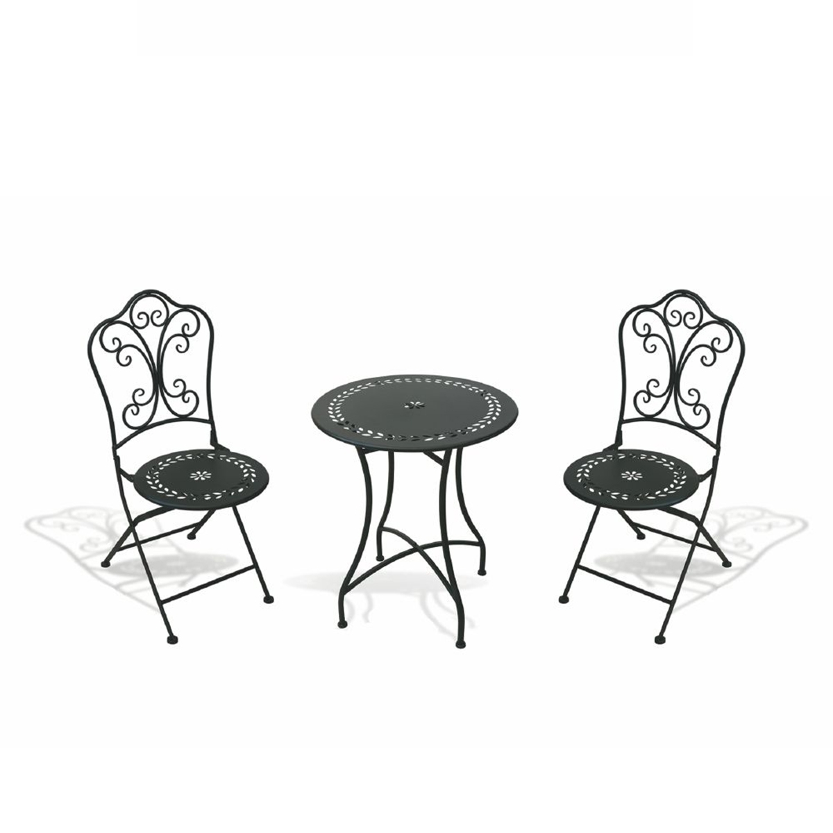 Ensemble table 2 chaises pliantes d'extérieur en fer noir Provence Breakfast Promotion Ensemble table 2 chaises pliantes d'extérieur en fer noir Provence Breakfast Promotion