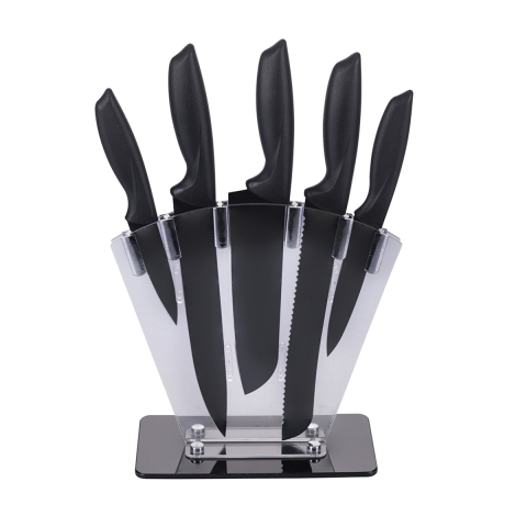Set mit 5 schwarzen Edelstahlmessern mit Acrylständer Nori Aktion