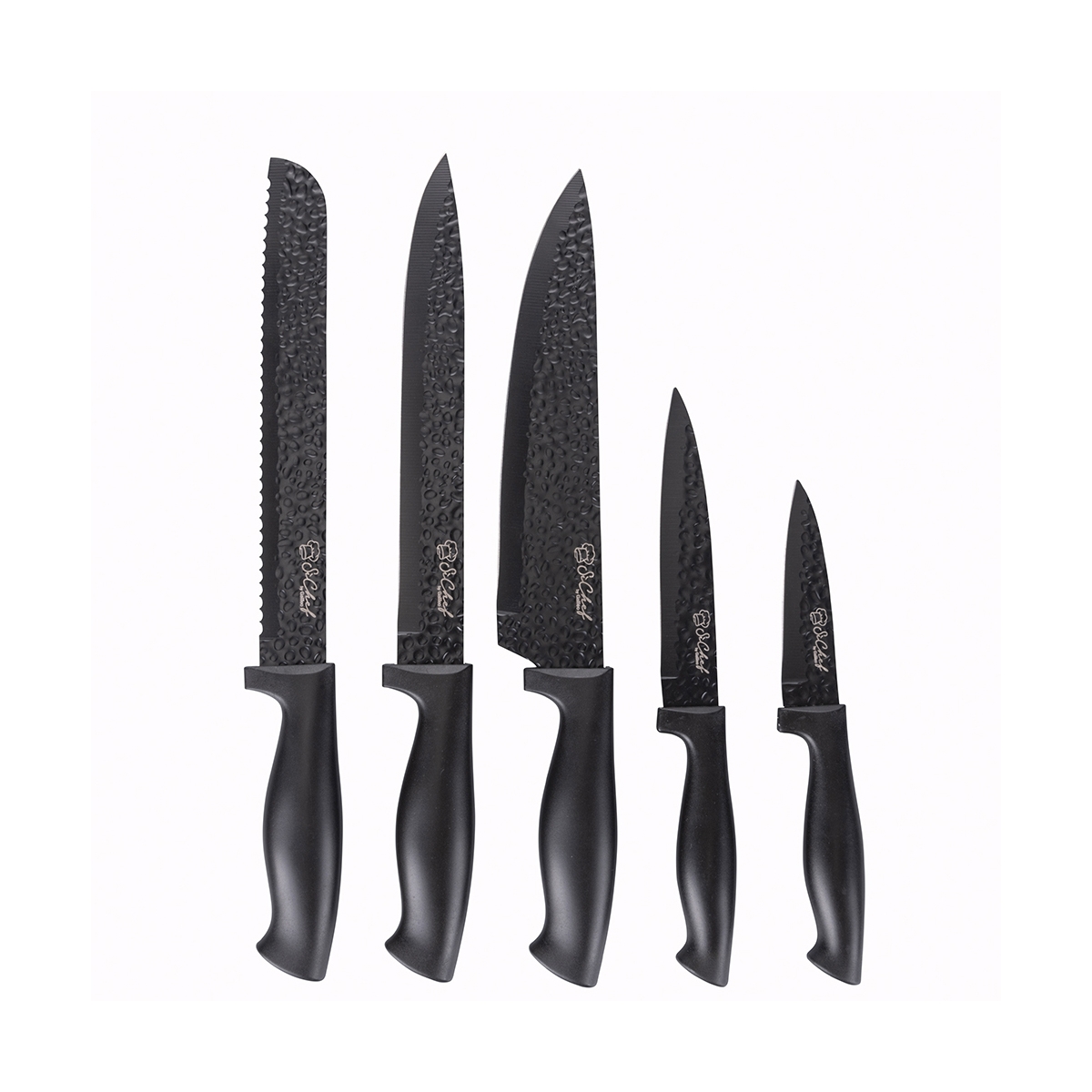 Schwarzer Messerblock mit 5 Edelstahlmessern im gehämmerten Look Piko Aktion Schwarzer Messerblock mit 5 Edelstahlmessern im gehämmerten Look Piko Aktion