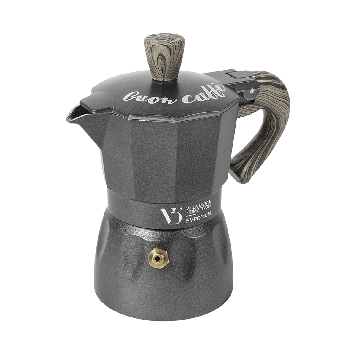 Cafetière 2 tasses en alliage d'aluminium avec poignée effet bois Buon Caffè Promotion Cafetière 2 tasses en alliage d'aluminium avec poignée effet bois Buon Caffè Promotion