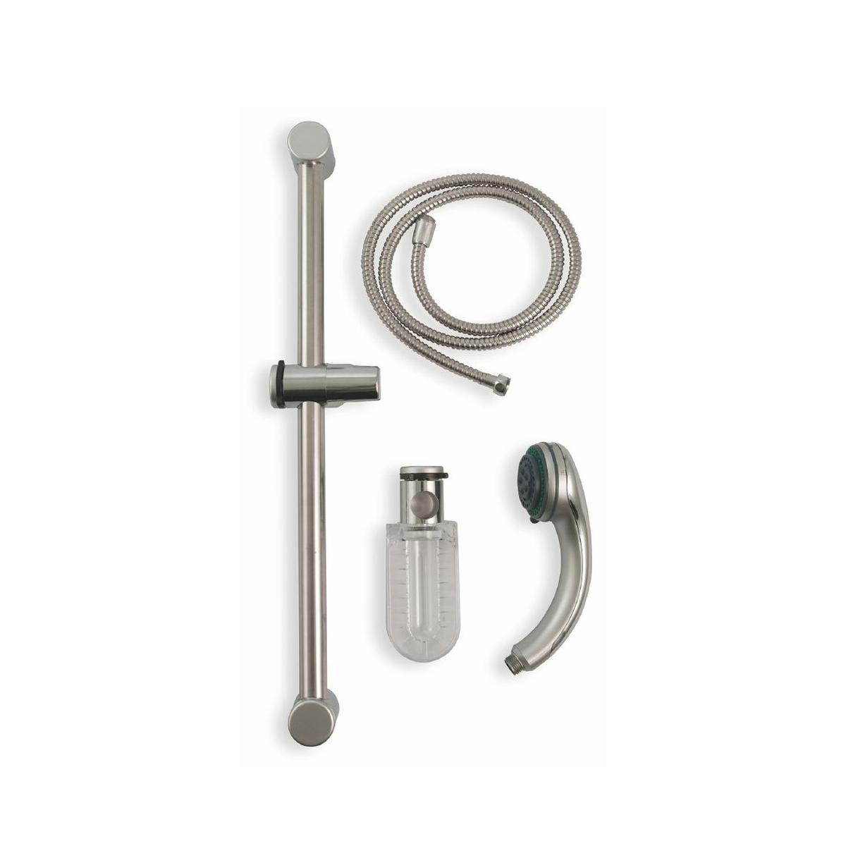 Set de douche avec douchette, tuyau flexible et barre coulissante satinée Sahra Promotion Set de douche avec douchette, tuyau flexible et barre coulissante satinée Sahra Promotion