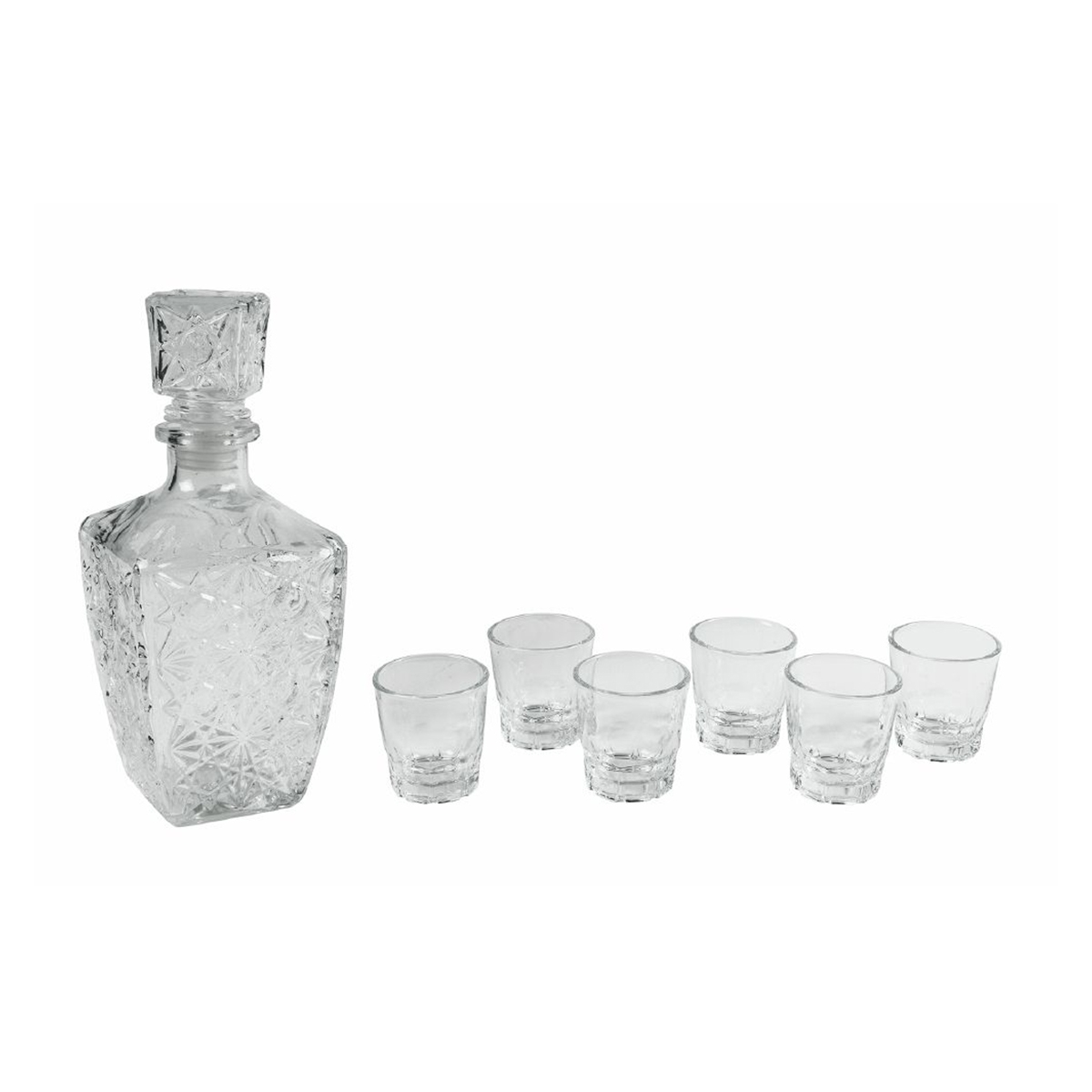 Set aus Glasflasche für Likör + 6 Gläser Diamante Aktion Set aus Glasflasche für Likör + 6 Gläser Diamante Aktion