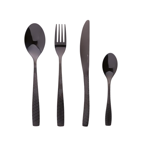 Set aus 16 glänzenden Edelstahl-Besteckteilen mit gehämmertem Griff Harlem, schwarz Aktion
