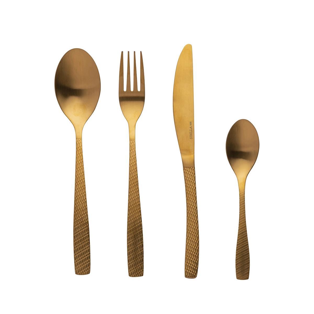 24-teiliges Besteckset Edelstahl, satiniert Gold, gehämmerter Griff Harlem Aktion 24-teiliges Besteckset Edelstahl, satiniert Gold, gehämmerter Griff Harlem Aktion