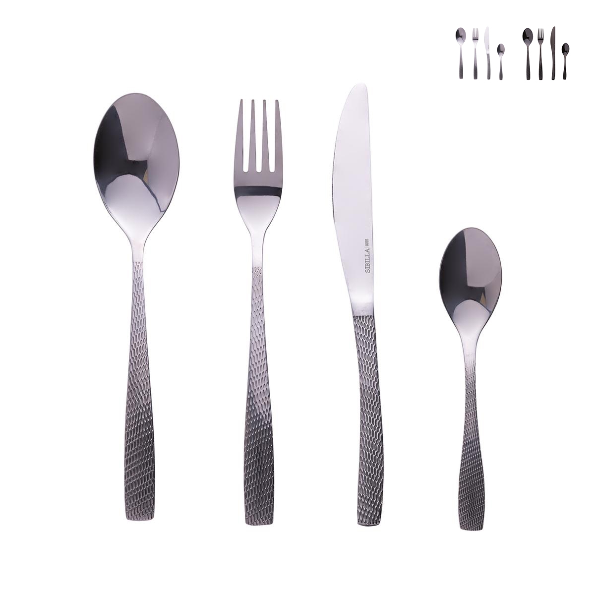 Set aus 24 Edelstahl-Besteckteilen mit gehämmerter Griffoptik Harlem Aktion Set aus 24 Edelstahl-Besteckteilen mit gehämmerter Griffoptik Harlem Aktion