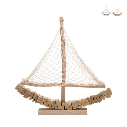 Sculpture bateau à voile en bois avec filet en tissu 45x45x7cm Enok Promotion