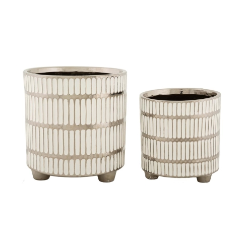 Ensemble de 2 vases en céramique blanche avec décorations argent Ray Promotion