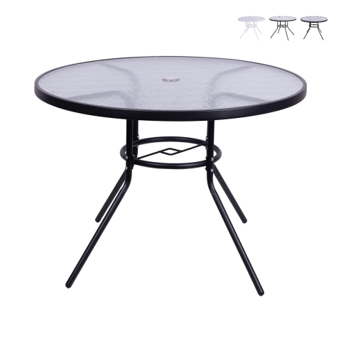 Runder Gartentisch 100 cm aus Karbonstahl und weißem Glas Lorea Aktion