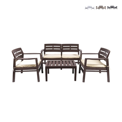 Gartenmöbel-Set Fij: Sofa, 2 Sessel, Tisch in Holzoptik Aktion
