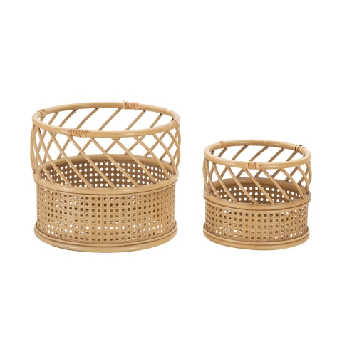 Ensemble de 2 porte-plantes ronds en métal et rotin Panama Promotion