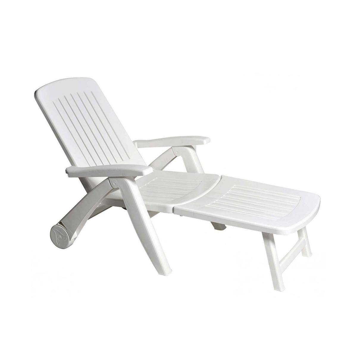 Chaise longue de jardin pliante blanche en plastique avec roulettes Cancun Promotion Chaise longue de jardin pliante blanche en plastique avec roulettes Cancun Promotion