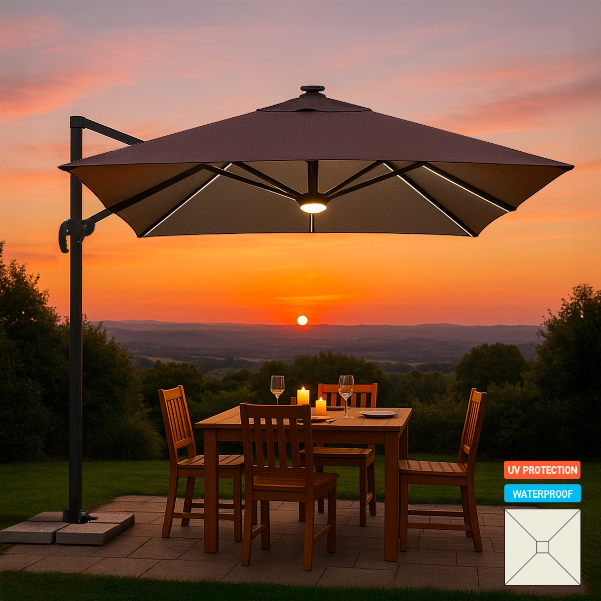 Sonnenschirm Ampelschirm verstellbarer Arm mit LED-Solarlicht 3x3m Paradise Brown Light Aktion