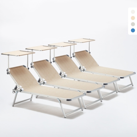4 Lettini Prendisole in Alluminio da Spiaggia Mare con Tettuccio Regolabile Nettuno Promozione