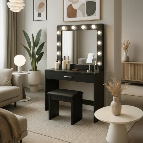 Postazione trucco nero con lampadine LED specchio sgabello Gaia Black Promozione