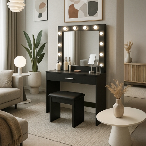 Schwarzer Schminktisch mit Spiegel mit LED-Lichtern und Hocker Gaia Black Aktion