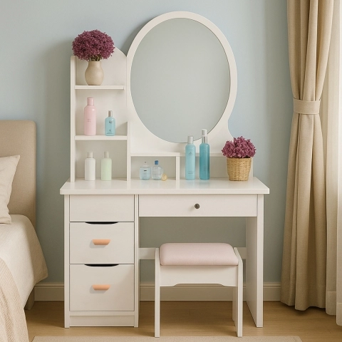 Schminktisch mit rundem Spiegel und Hocker für das Schlafzimmer Babette Aktion