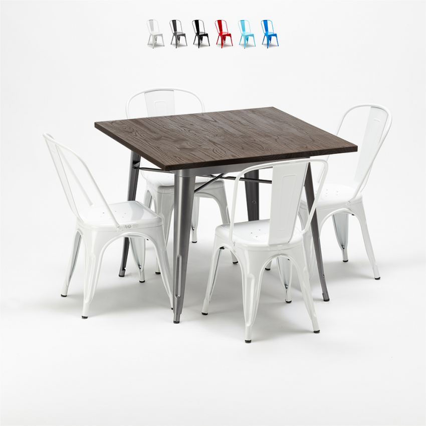 table carrée + 4 chaises en métal design industrial jamaica Choix table carrée + 4 chaises en métal design industrial jamaica Choix