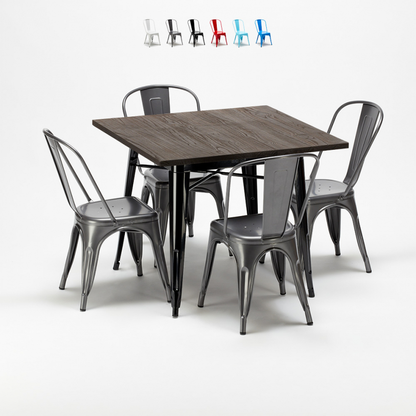 table carrée en bois + 4 chaises en métal style industriel west village table carrée en bois + 4 chaises en métal style industriel west village