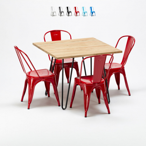 table et 4 chaises carrées en métal et bois au style industriel tribeca Promotion
