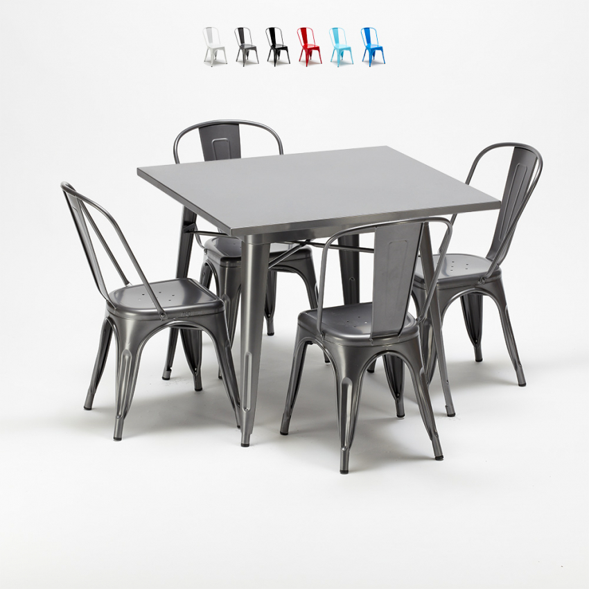 table carrée + 4 chaises en métal au style industriel flushing Promotion table carrée + 4 chaises en métal au style industriel flushing Promotion