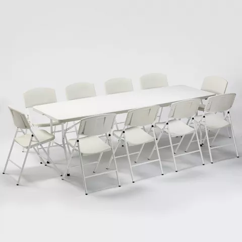 Set tavolo rettangolare 240x76 e 10 sedie pieghevoli campeggio giardino Rushmore Promozione