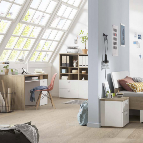 Modernes Bücherregal In Holz und Weiß Lackiert mit Offenen Fächern und Schiebeschubladen für Wohnzimmer und Büro Aurora Aktion