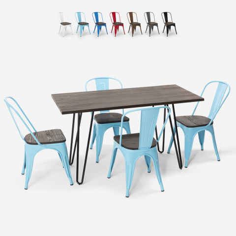 Rechteckiges Tischset 120 x 60 mit 4 Stühlen aus industriellem Stahl und Holz im Tolix-Stil Roger