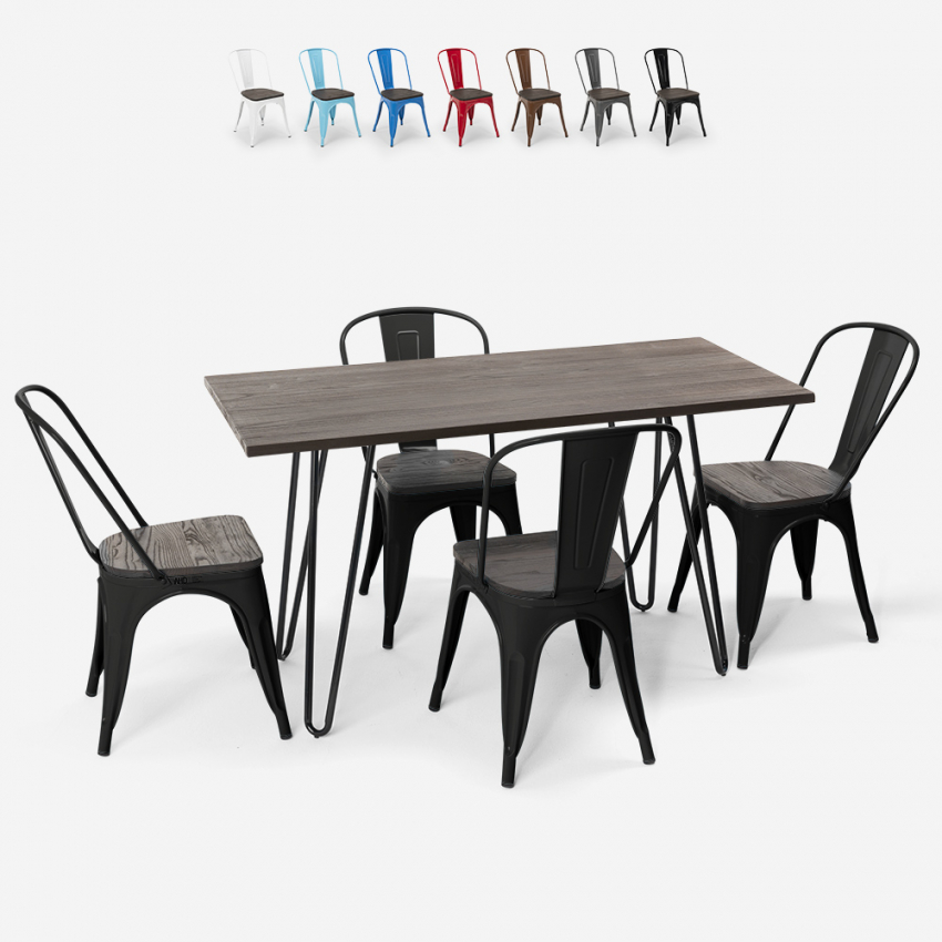 set tavolo rettangolare 120x60 con 4 sedie acciaio legno design industriale roger Sconti