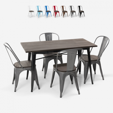 Rechteckiges Tischset 120 x 60 mit 4 Stühlen im industriellen Tolix-Stil aus Stahl und Holz Ralph Aktion