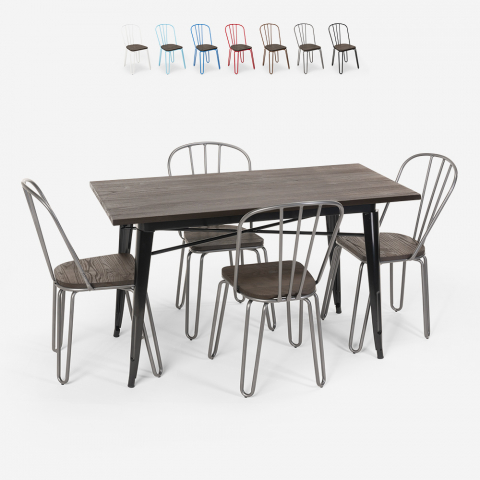 Rechteckiges Tischset 120 x 60 mit 4 Stühlen Stahlholz Industriedesign Tolix Otis