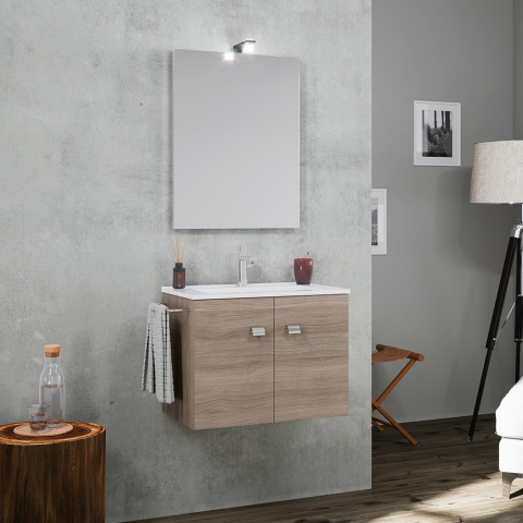 Badezimmerschrank Hängesockel 2 Türen Keramik Waschbecken Handtuchhalter Spiegel LED-Lampe Vanern Oak