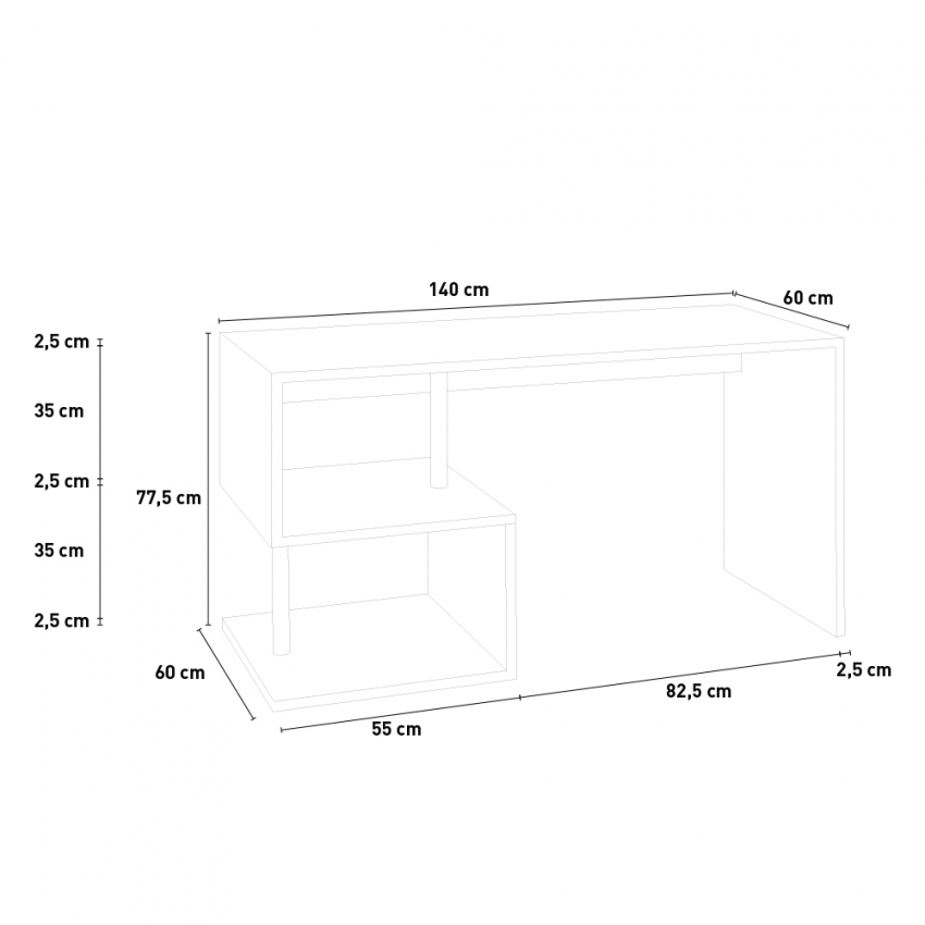 Bureau design moderne 140x60 blanc avec étagères ouvertes Bolg