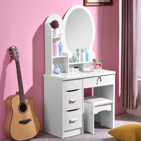 Coiffeuse et table de maquillage pour chambre avec tabouret miroir rond Babette Promotion