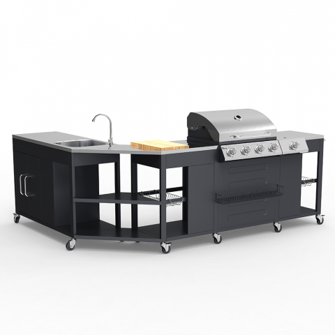 Barbecue BBQ angolare gas acciaio inox 4+1 bruciatori cremagliera lavello Mustard Promozione