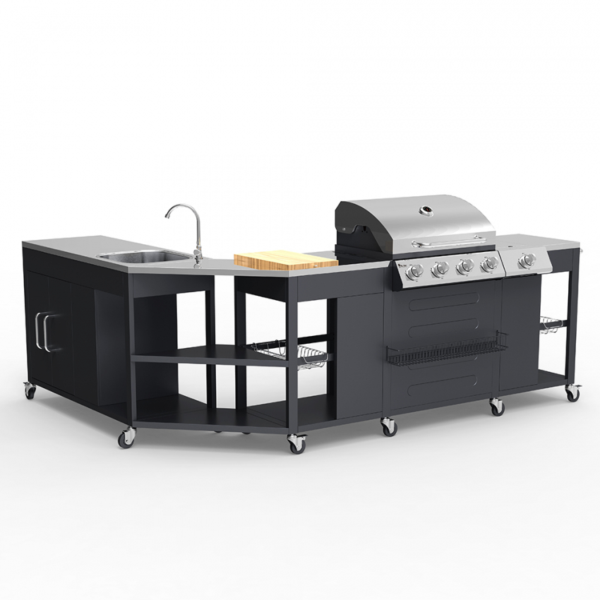 BBQ Eckgestell Edelstahl Gasgrill 4+1 Brenner mit Spüle Mustard Aktion BBQ Eckgestell Edelstahl Gasgrill 4+1 Brenner mit Spüle Mustard Aktion