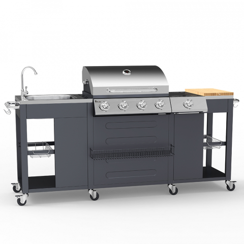 Barbecue gas acciaio inox BBQ 4+1 bruciatori lavello ripiani cremagliera Tartara Promozione