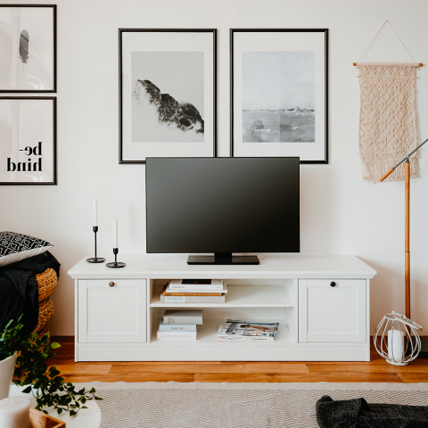 Meuble TV et commode au design rustique et épuré blanc 160 cm Spinle Promotion