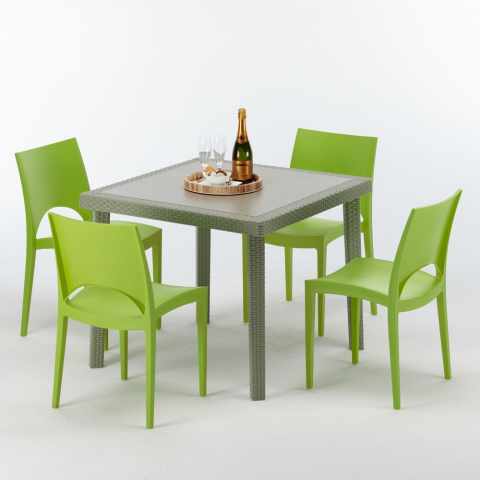 Table carrée beige + 4 chaises colorées Poly rotin synthétique Elegance Prix